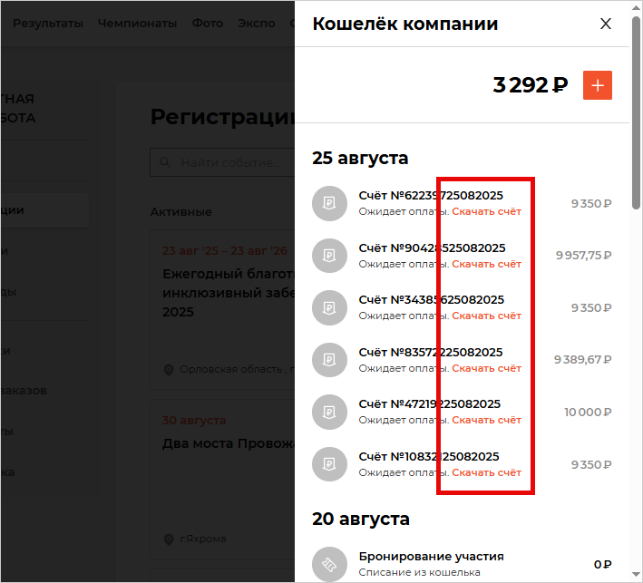 Опция скачать счёт